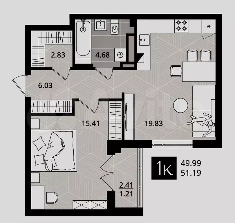 1-к. квартира, 50м, 2/4эт. - Фото 1