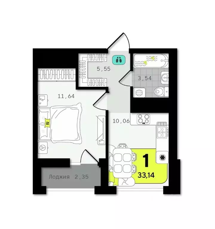 1-к кв. Тюменская область, Тюмень  (33.14 м) - Фото 1