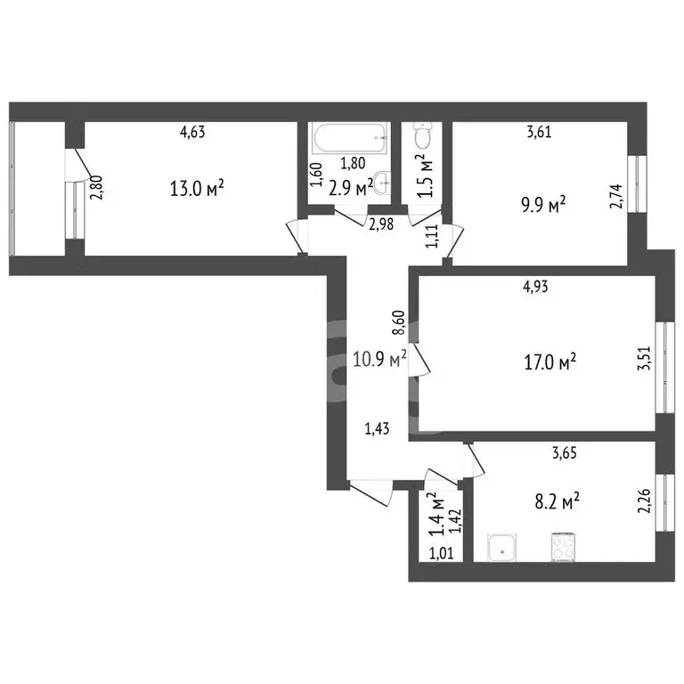 3-комнатная квартира: Ишим, Большая улица, 181 (65.4 м) - Фото 1