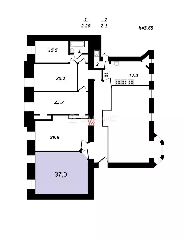 2к в 5-комнатной квартире (18.5 м) - Фото 0