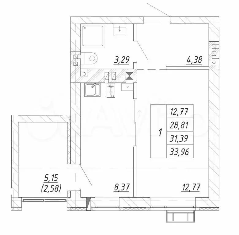 1-к. квартира, 30,8 м, 4/4 эт. - Фото 1