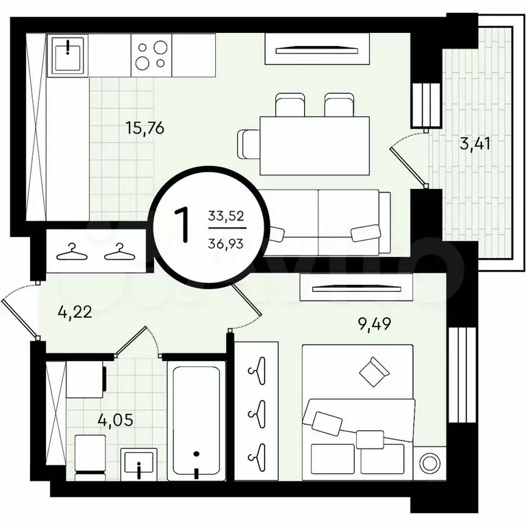 1-к. квартира, 36,9 м, 2/4 эт. - Фото 0