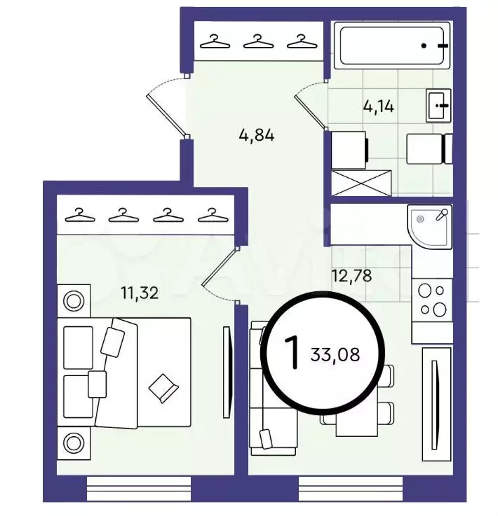 1-к. квартира, 33,1м, 1/4эт. - Фото 1