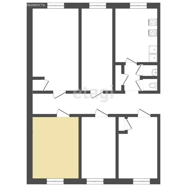 1к в -комнатной квартире (9.3 м) - Фото 1