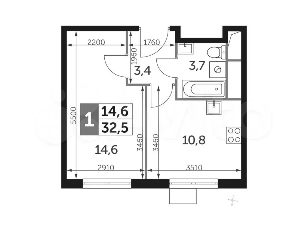 1-к. квартира, 32,5 м, 12/16 эт. - Фото 0