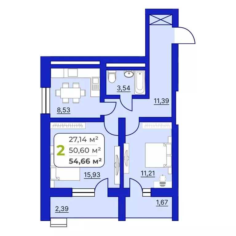 2-комнатная квартира: Уфа, Айская улица, 49 (54.4 м) - Фото 1