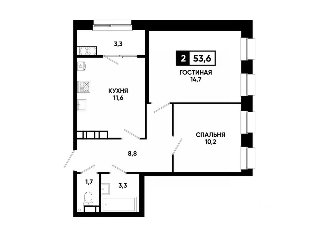 2-к кв. Ставропольский край, Ставрополь ул. Андрея Голуба, 12к8 (53.6 ... - Фото 0