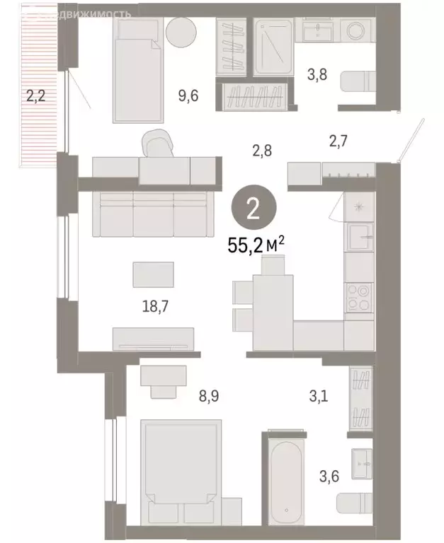 2-комнатная квартира: Новосибирский район, рабочий посёлок Краснообск, ... - Фото 2