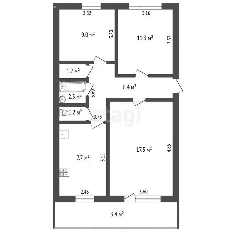 3-комнатная квартира: Ишим, улица Карла Маркса, 40 (58.8 м) - Фото 0