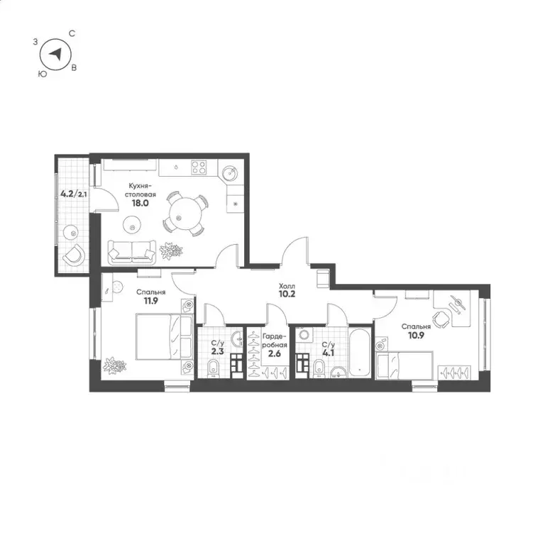 2-к кв. Свердловская область, Екатеринбург Солнечный жилрайон,  (62.1 ... - Фото 1
