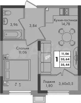 1-к. квартира, 35,4м, 6/9эт. - Фото 1