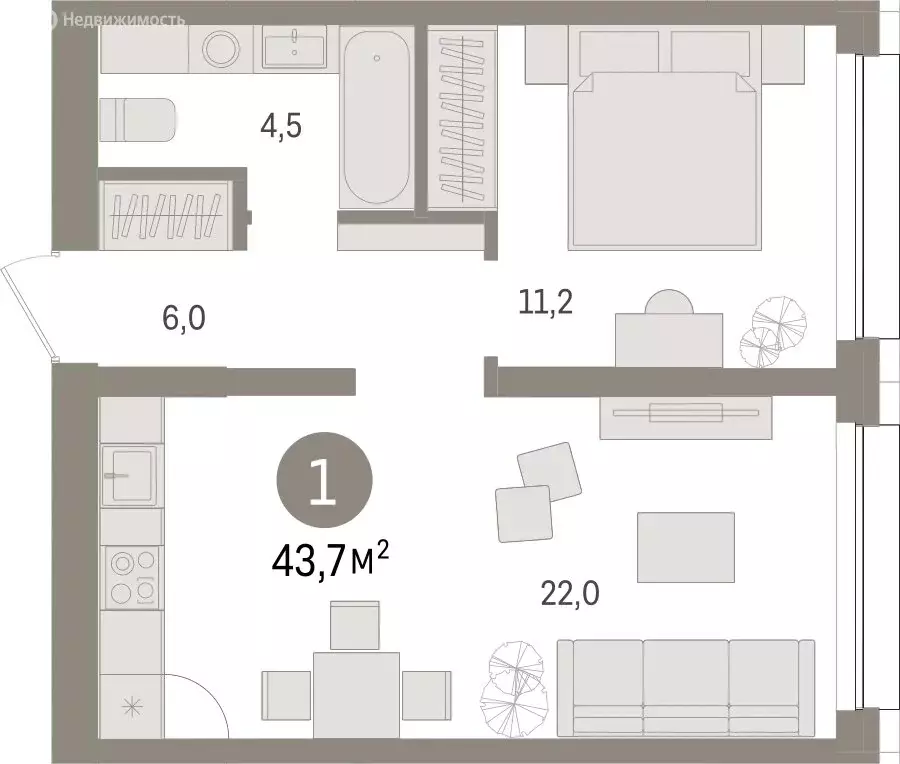 1-комнатная квартира: Тюмень, Мысовская улица, 26к1 (43.71 м) - Фото 0