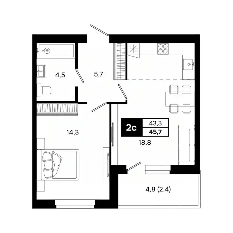 2-к кв. Новосибирская область, Кольцово рп, 5-й мкр  (45.7 м) - Фото 2