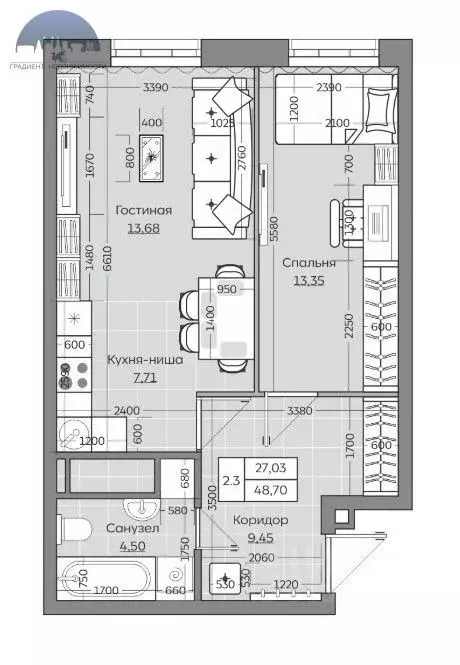 2-к кв. Татарстан, Казань ул. Рауиса Гареева, 103А (48.71 м) - Фото 2