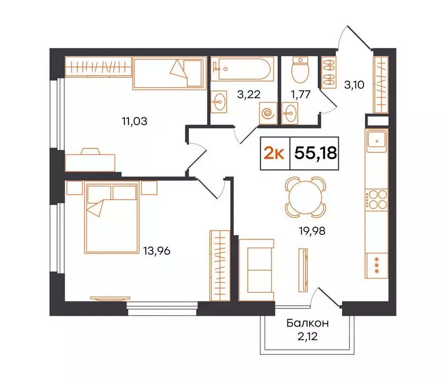 2-к кв. Тюменская область, Тюмень Фатера жилой комплекс (55.18 м) - Фото 1