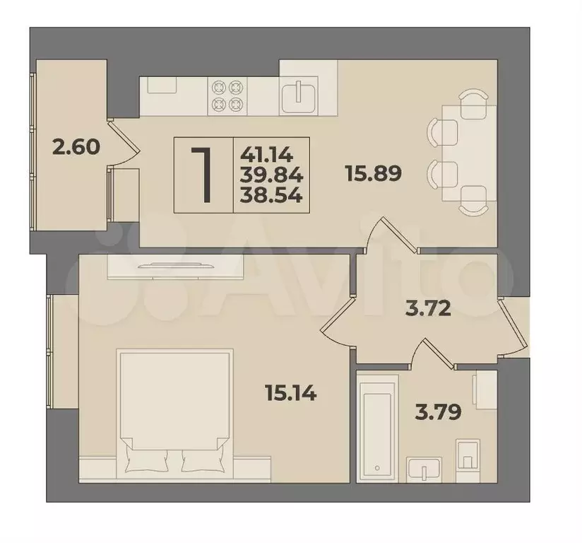 1-к. квартира, 41,1 м, 1/9 эт. - Фото 1