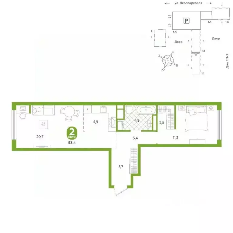 1-к кв. Тюменская область, Тюмень ул. Лесопарковая, 22 (53.4 м) - Фото 0