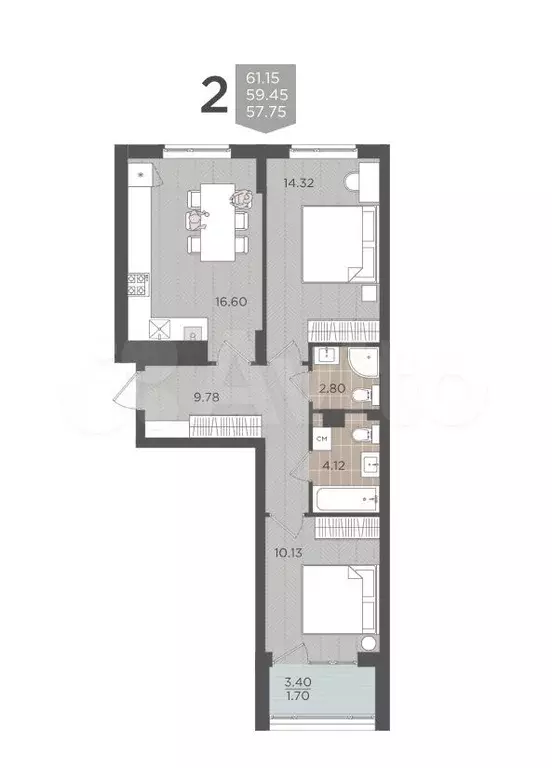 2-к. квартира, 59,4 м, 1/9 эт. - Фото 1