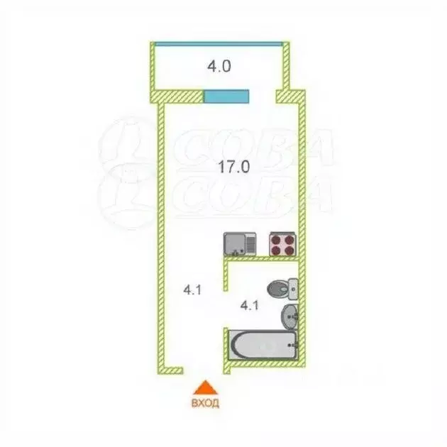 Студия Тюменская область, Тюмень ул. Новоселов, 109 (25.0 м) - Фото 2