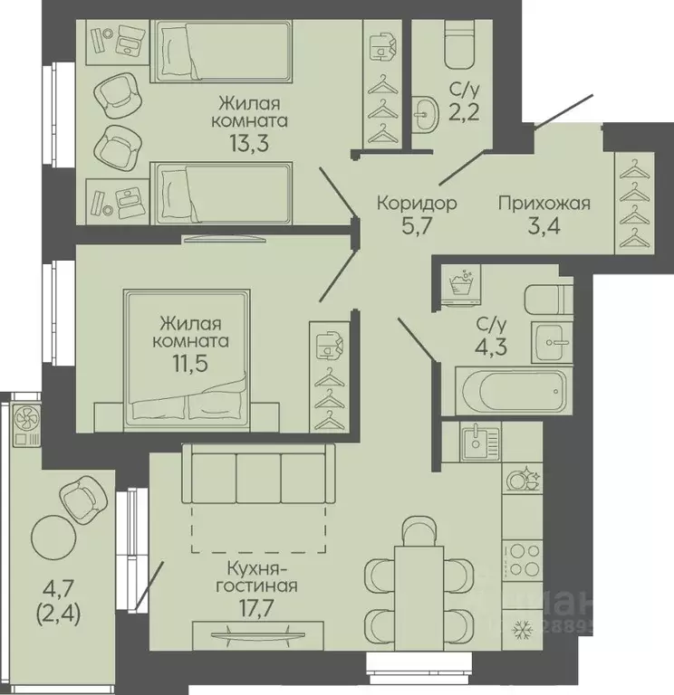 2-к кв. Волгоградская область, Волгоград Трехгорная ул., 27 (60.5 м) - Фото 1