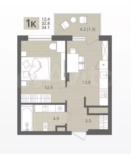 1-к. квартира, 34,1 м, 4/7 эт. - Фото 1