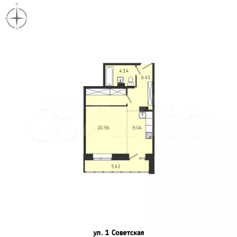 1-к. квартира, 44,6 м, 2/9 эт. - Фото 0