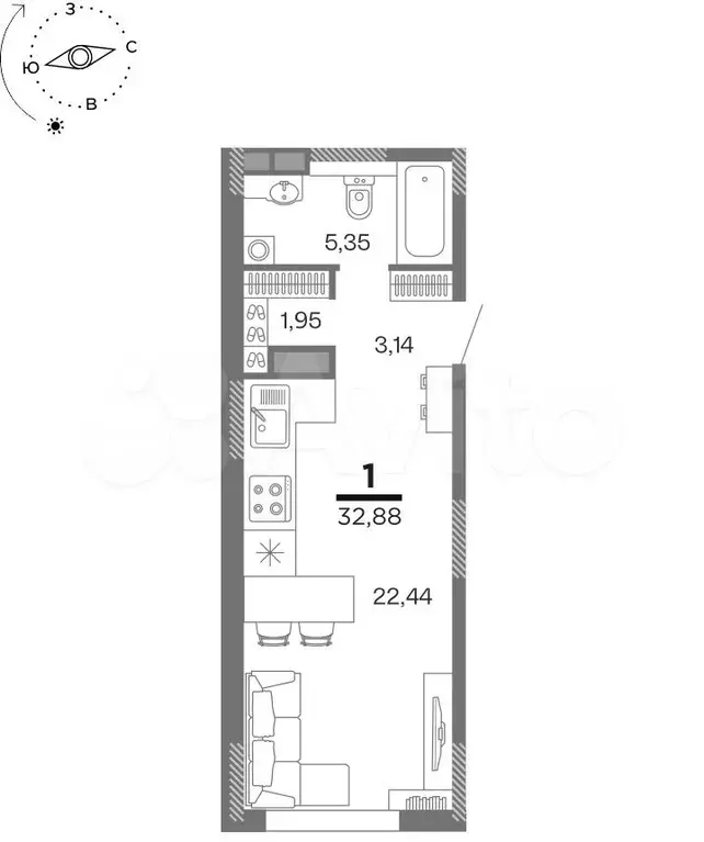 1-к. квартира, 32,9 м, 10/16 эт. - Фото 1