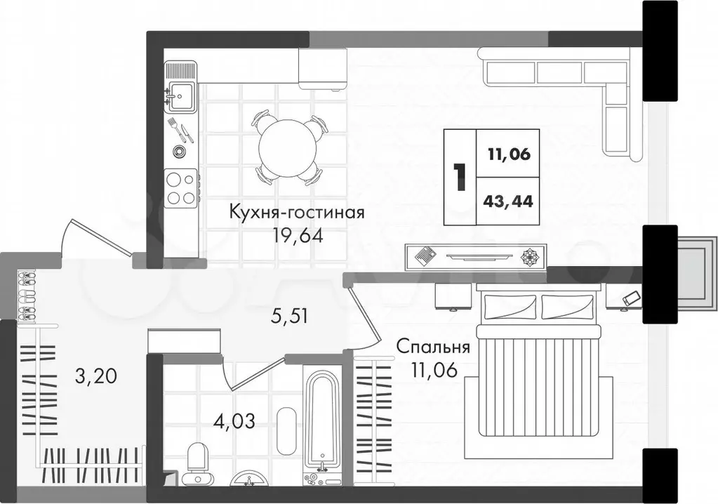 1-к. квартира, 43,4 м, 1/9 эт. - Фото 0