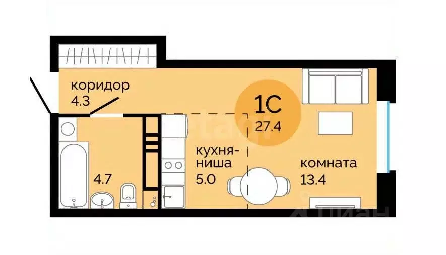 Студия Пермский край, Пермь ул. Яблочкова, 5к1 (27.4 м) - Фото 1