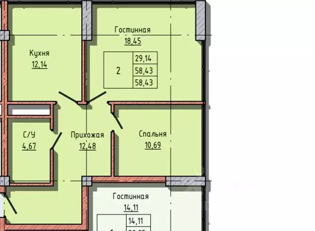 2-к кв. Кабардино-Балкария, Нальчик ул. Атажукина, 147А (58.43 м) - Фото 1