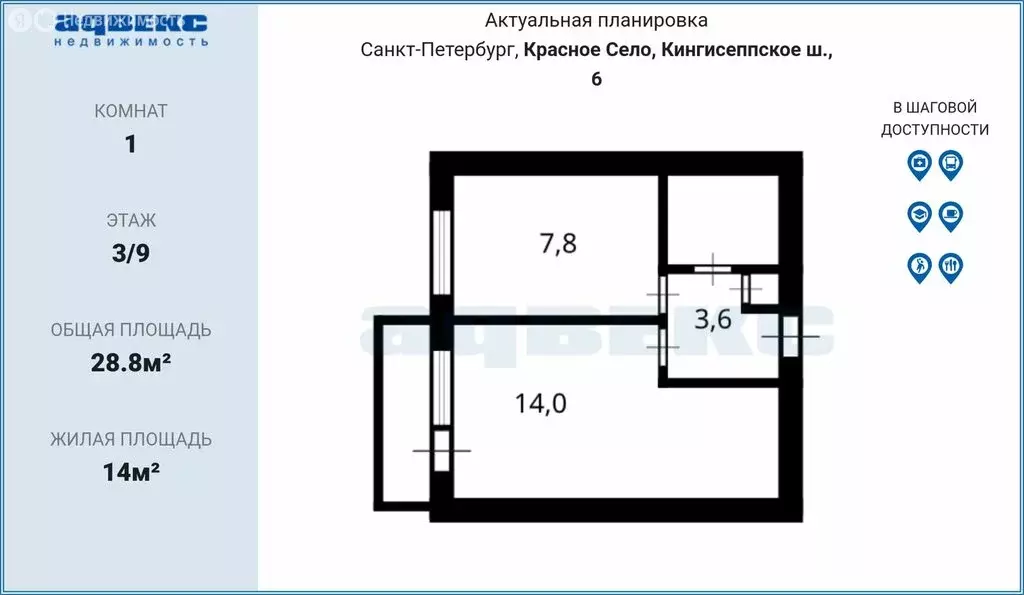 1-комнатная квартира: Красное Село, Кингисеппское шоссе, 6 (28.8 м) - Фото 1