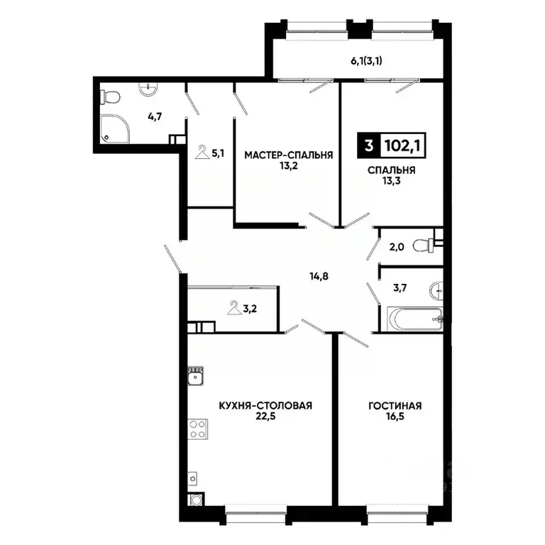 2-к кв. Ставропольский край, Кисловодск ул. Катыхина, 185с4 (102.1 м) - Фото 1