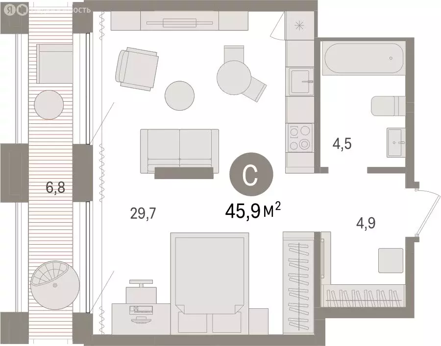 Квартира-студия: Тюмень, Краснооктябрьская улица, 4к3 (45.91 м) - Фото 1