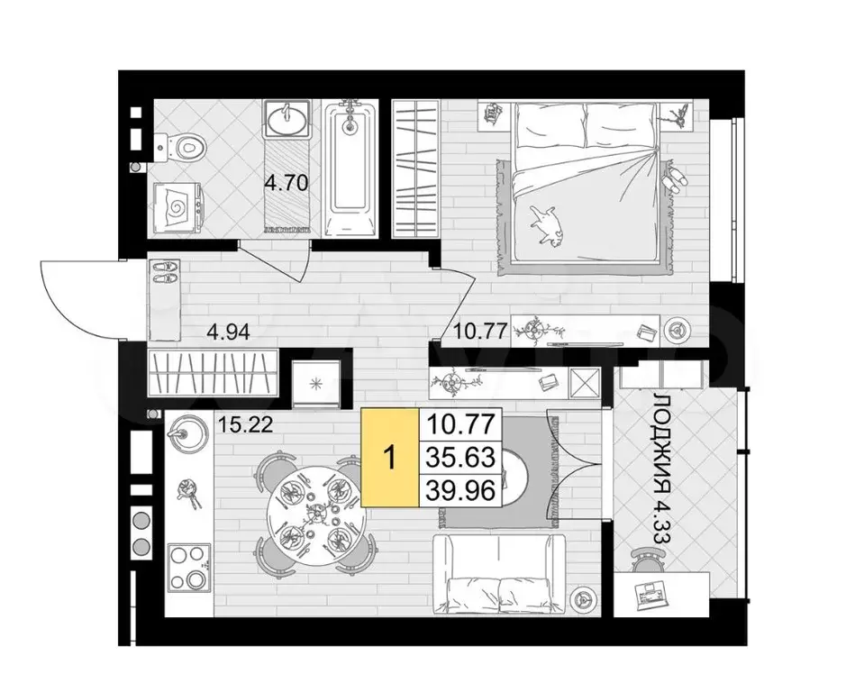 1-к. квартира, 40 м, 6/7 эт. - Фото 1