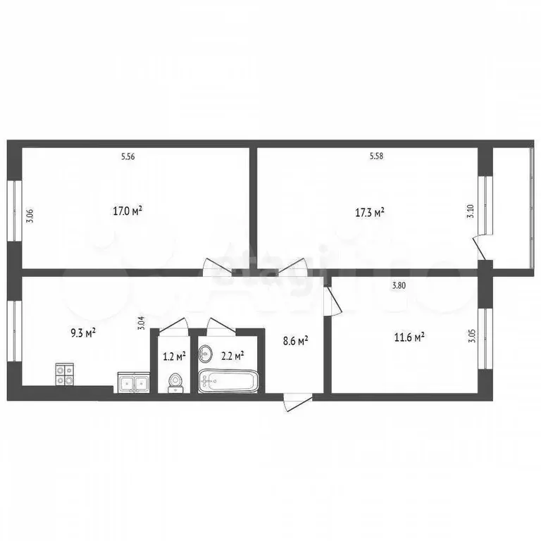 3-к. квартира, 66,9 м, 5/5 эт. - Фото 0
