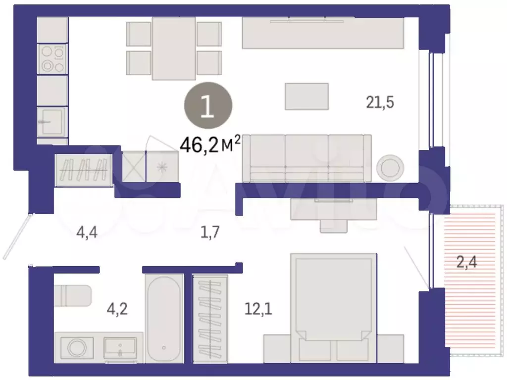 1-к. квартира, 46,2 м, 7/9 эт. - Фото 1
