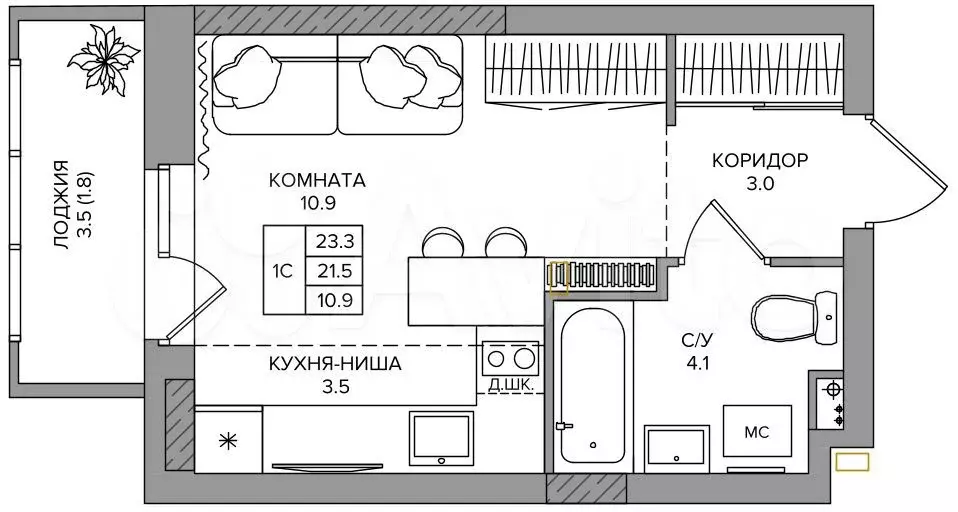 Квартира-студия, 23,3м, 2/16эт. - Фото 0