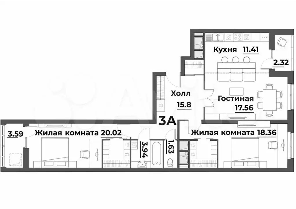 3-к. квартира, 95 м, 17/20 эт. - Фото 0