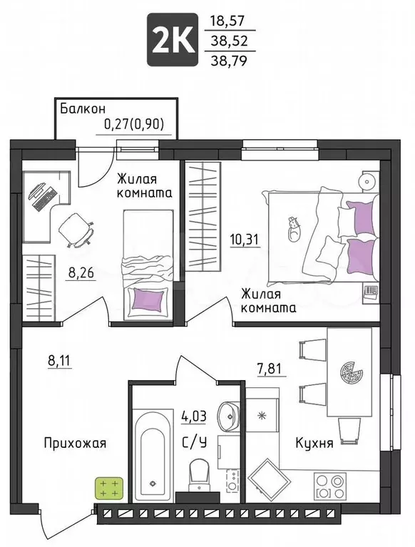 2-к. квартира, 38,8 м, 4/4 эт. - Фото 0