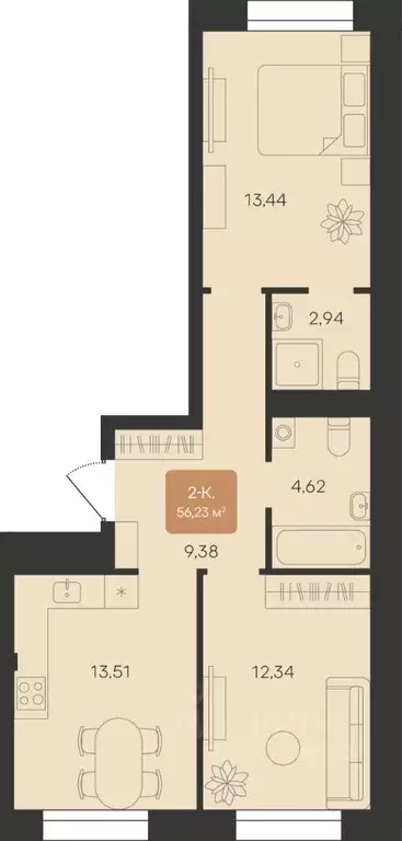 2-к кв. Ямало-Ненецкий АО, Новый Уренгой Уютный мкр,  (56.23 м) - Фото 1