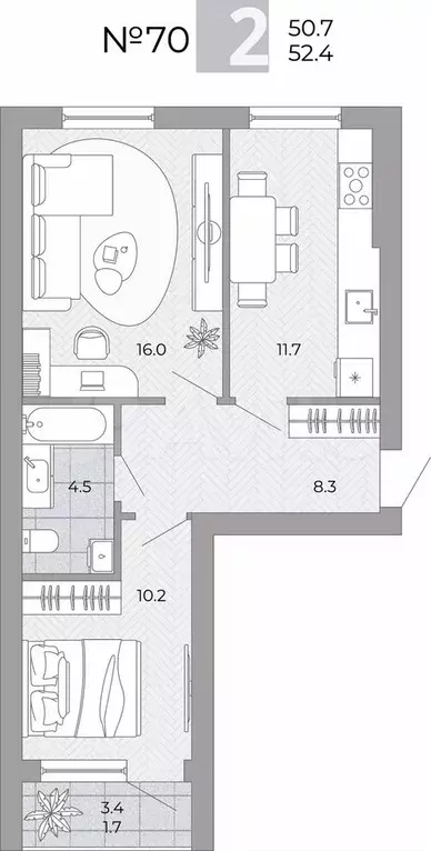 2-к. квартира, 52,4 м, 1/4 эт. - Фото 0