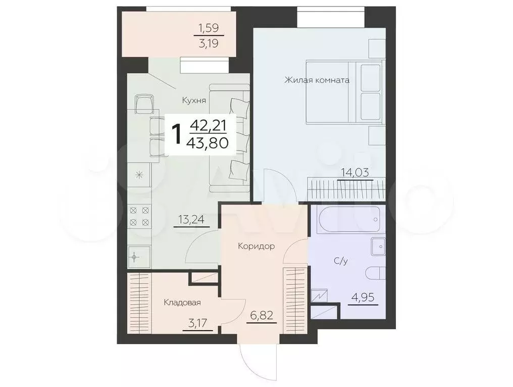 1-к. квартира, 43,8 м, 2/8 эт. - Фото 0