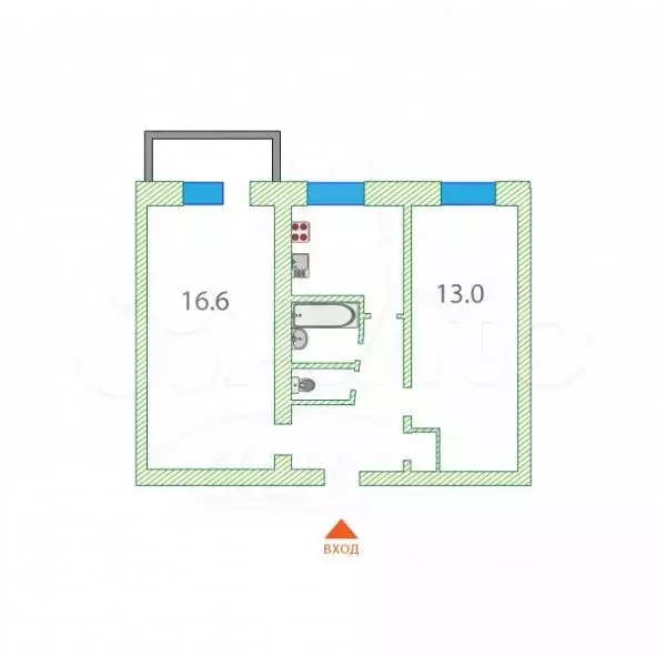 2-к. квартира, 40,1 м, 5/5 эт. - Фото 0