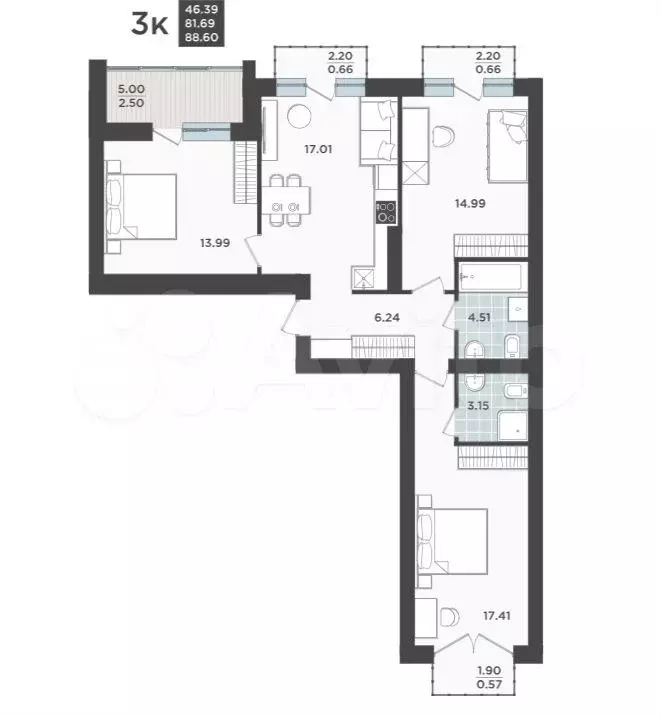 3-к. квартира, 88,6 м, 9/9 эт. - Фото 1