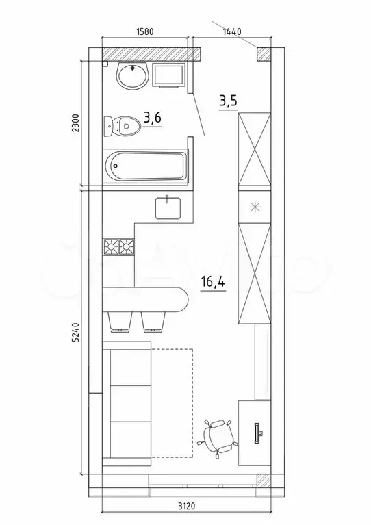 1-к. квартира, 23,4 м, 5/8 эт. - Фото 0