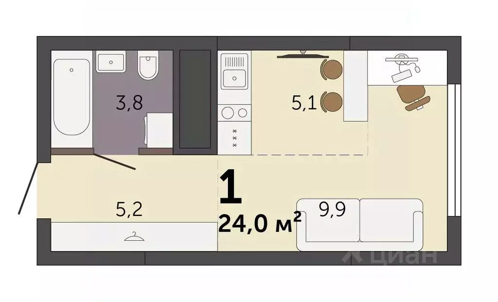 Студия Свердловская область, Екатеринбург Южный жилрайон,  (24.0 м) - Фото 2
