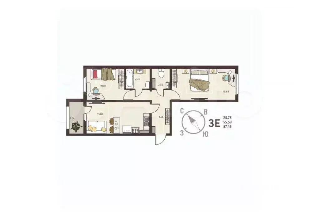 2-к кв. Курская область, Курск ул. Энгельса, 115/6 (57.45 м) - Фото 0