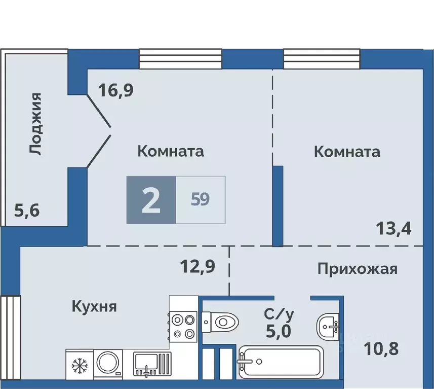 2-к кв. Курганская область, Курган ул. Куйбышева, 141 (59.0 м) - Фото 0