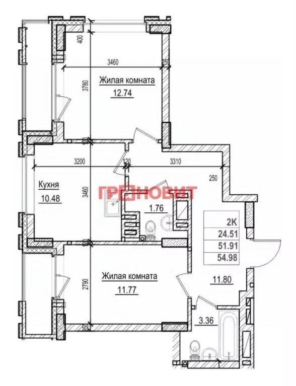 Квартира, 2 комнаты, 51.9 м - Фото 0