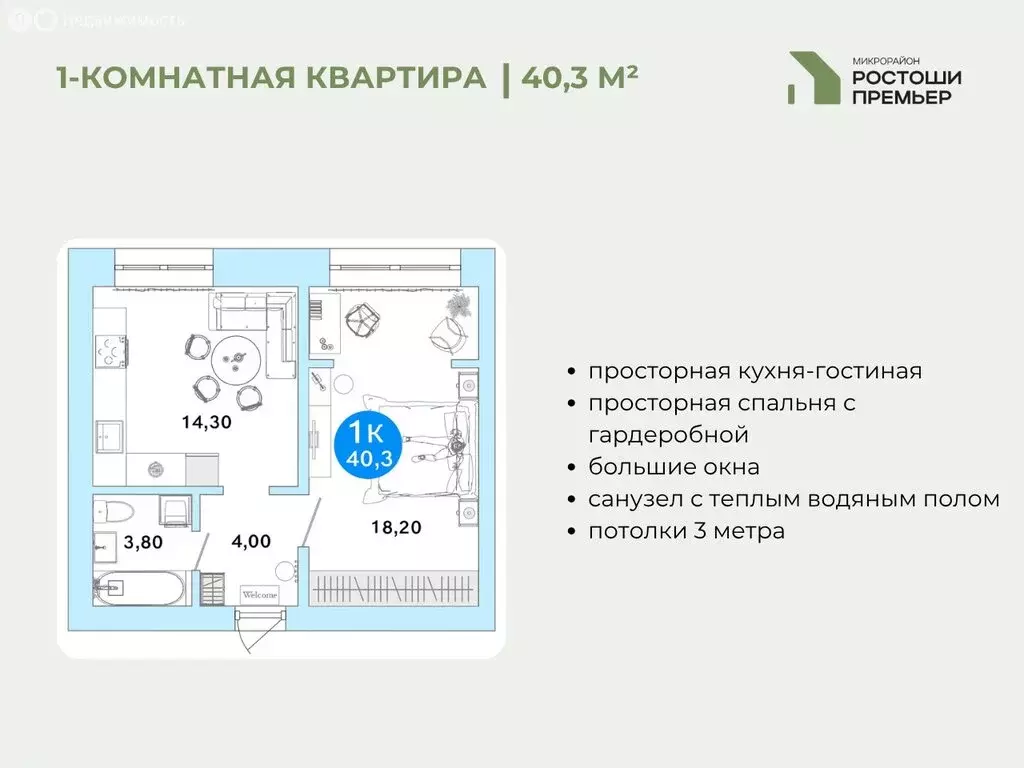 1-комнатная квартира: Оренбург, микрорайон Ростоши Премьер (40.3 м) - Фото 1